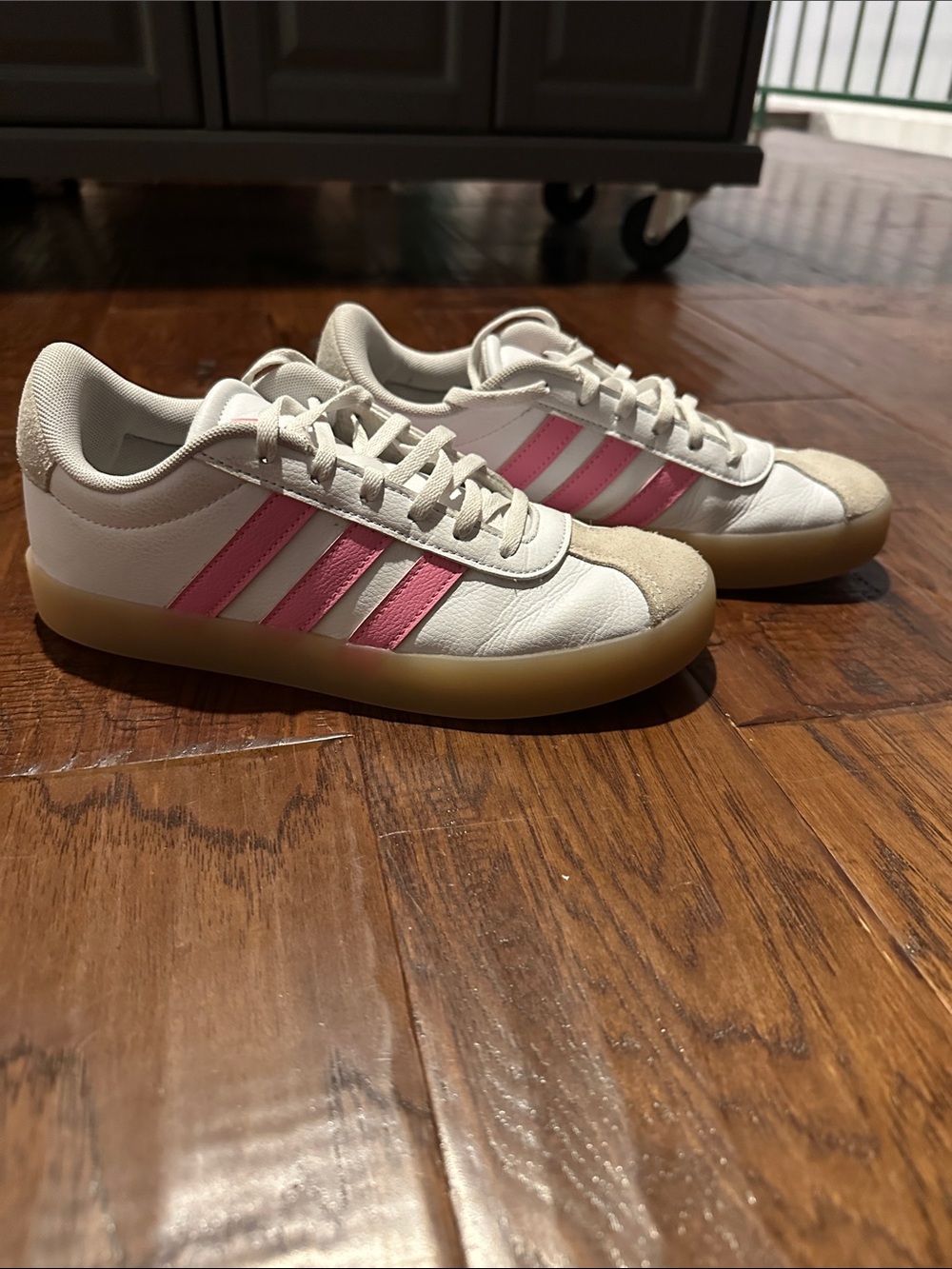 adidas Off-White Sneakers with Pink Stripes and Gum Sole